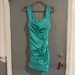 NWT ASTR the Label Ruched Square‎ Neck Cotton Blend Dress Aqua Teal Size XS